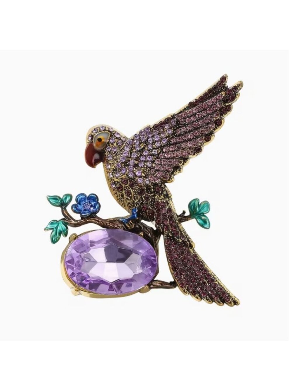 Violet Crystal Parrot Brooch With Floral Branch Design